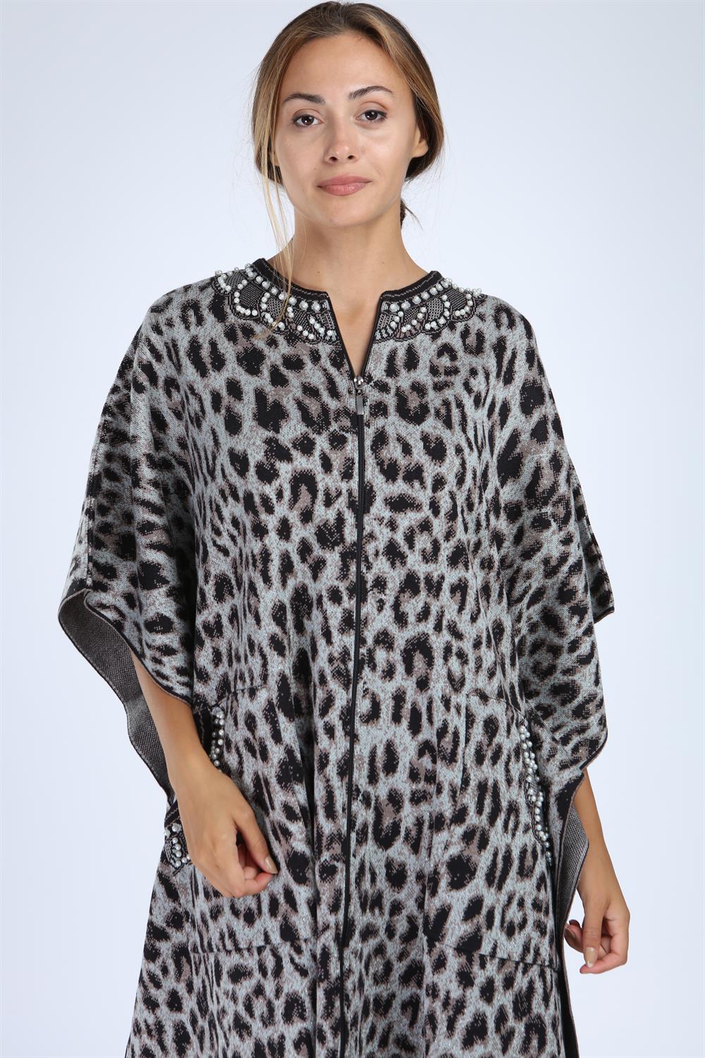 Kadın Leopar Desenli Panço Siyah