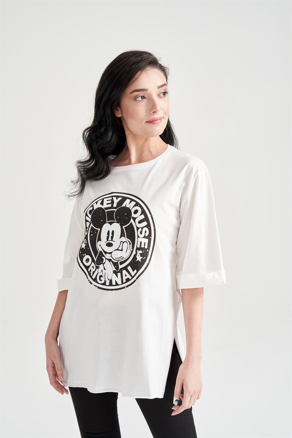 Kadın Mickey Mouse Baskılı T-shirt Beyaz