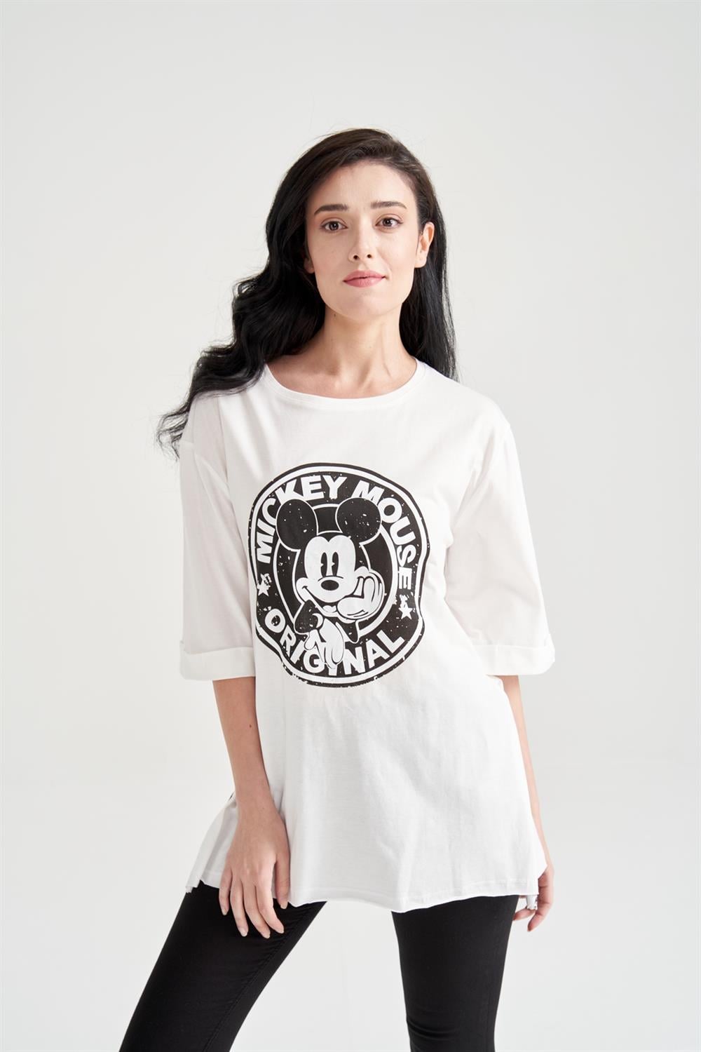 Kadın Mickey Mouse Baskılı T-shirt Beyaz