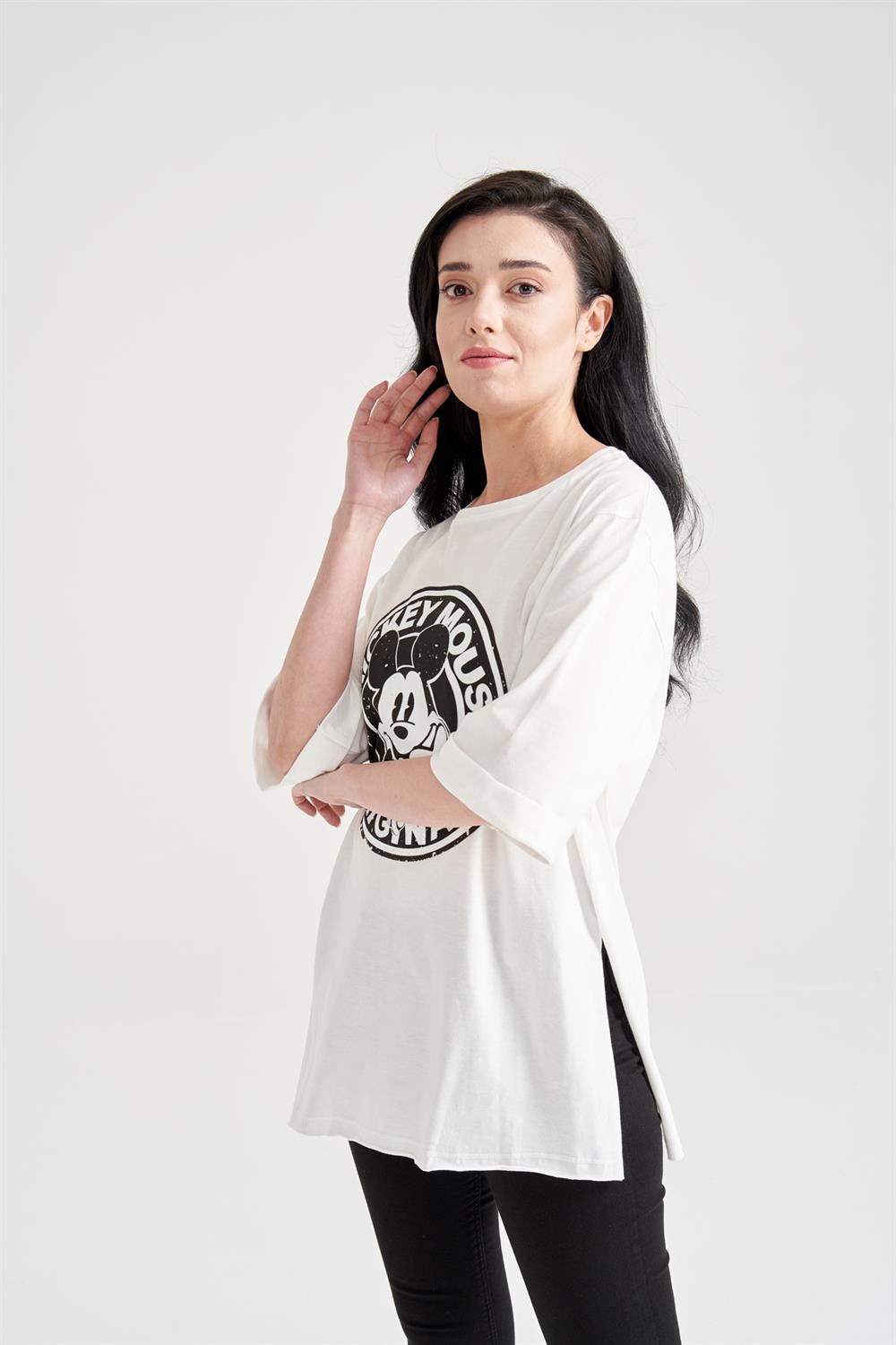 Kadın Mickey Mouse Baskılı T-shirt Beyaz