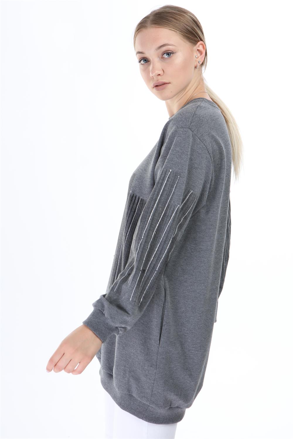 Kadın Önü Desenli Sweat Gri
