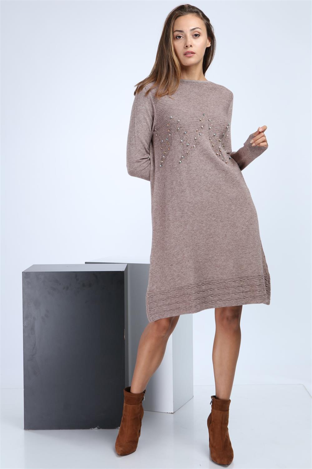 Kadın Önü Taş İşlemeli Tunik Beige