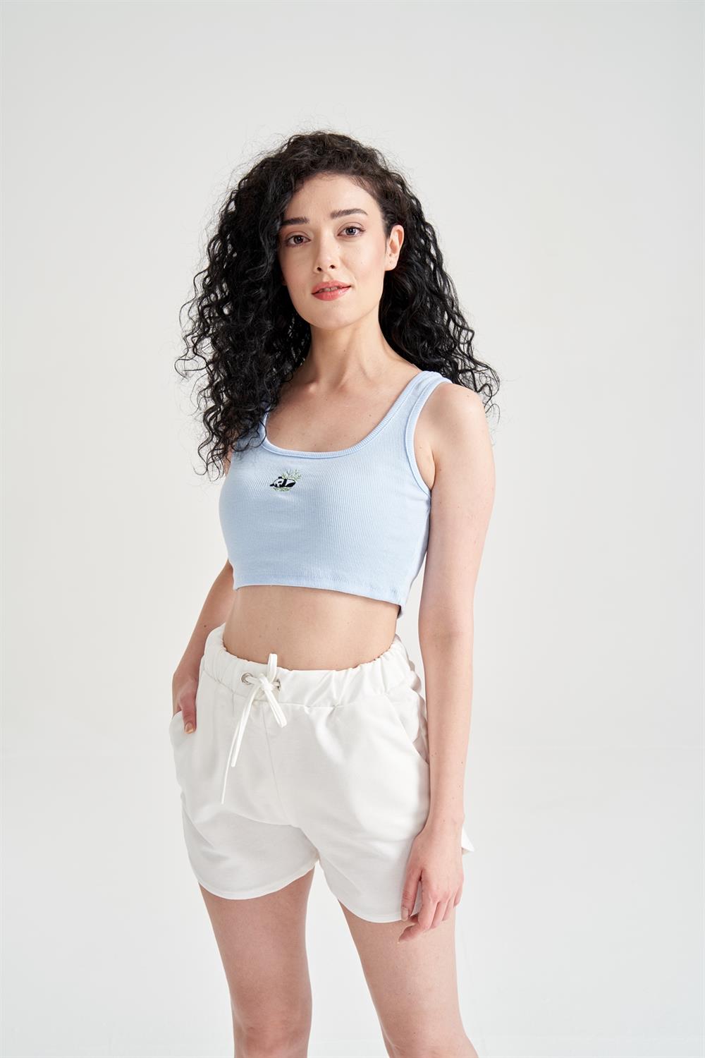 Kadın Panda Baskılı Crop Büstiyer Mavi