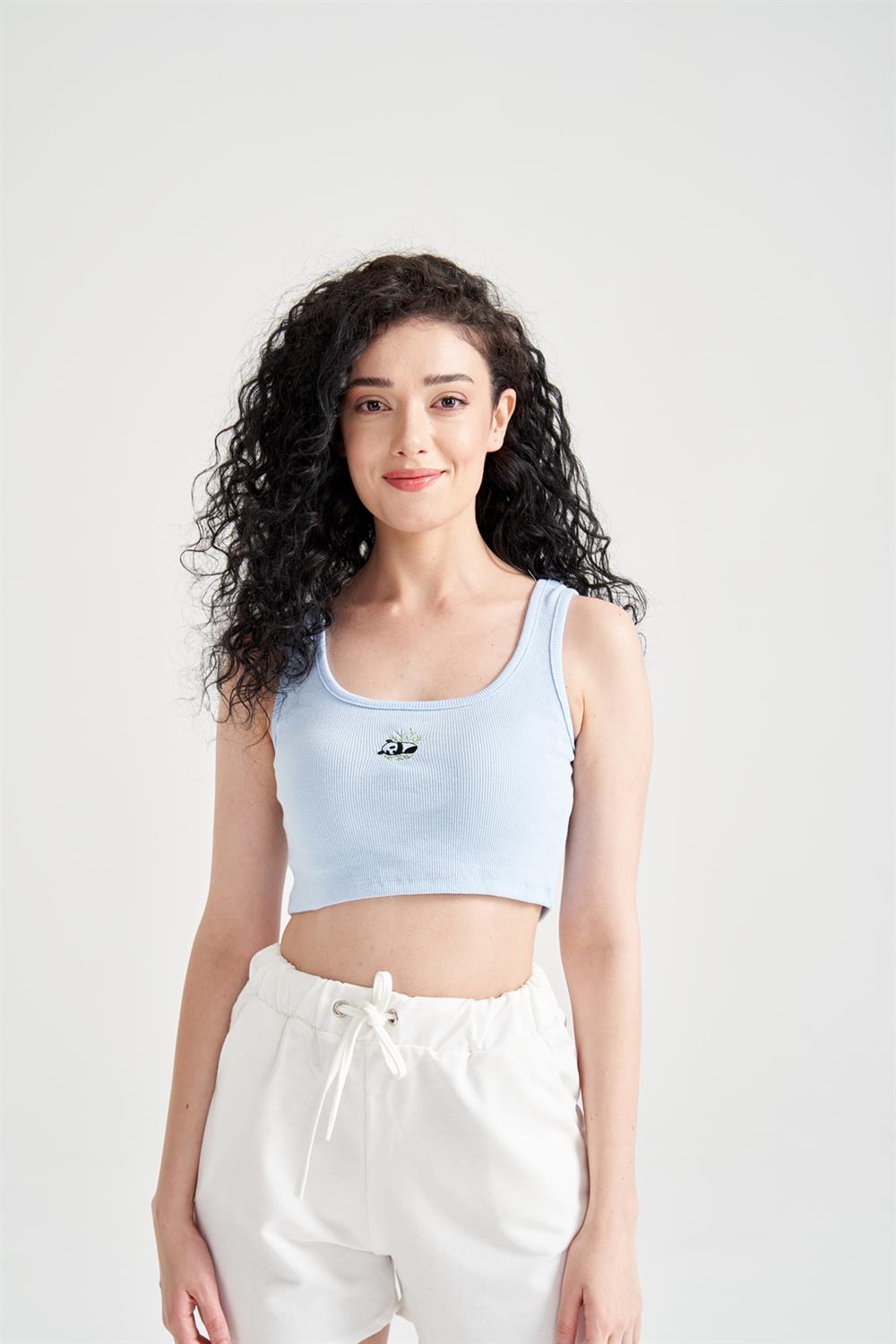 Kadın Panda Baskılı Crop Büstiyer Mavi