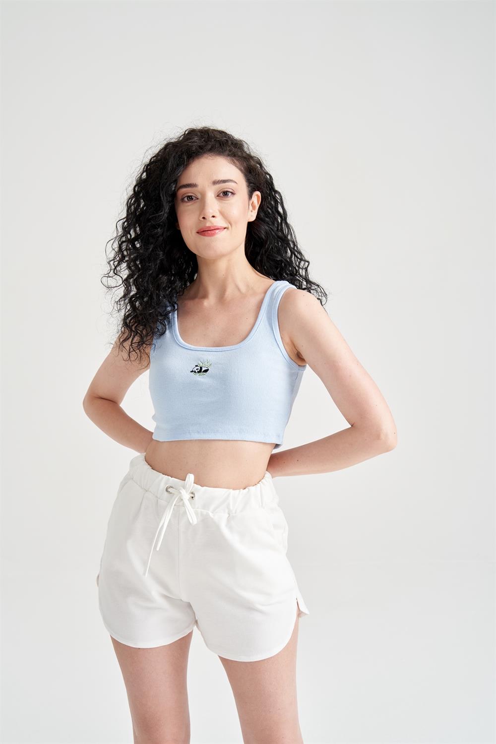 Kadın Panda Baskılı Crop Büstiyer Mavi