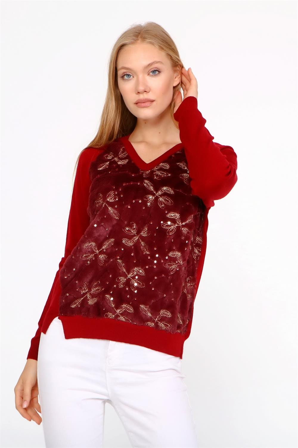 Kadın Peluş Nakışlı Triko Bordo