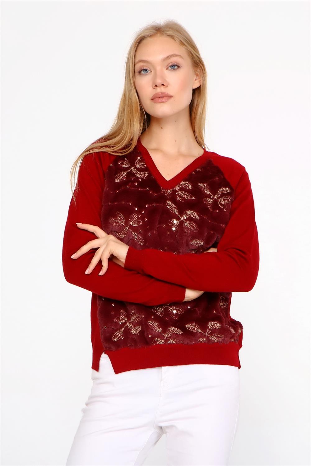 Kadın Peluş Nakışlı Triko Bordo