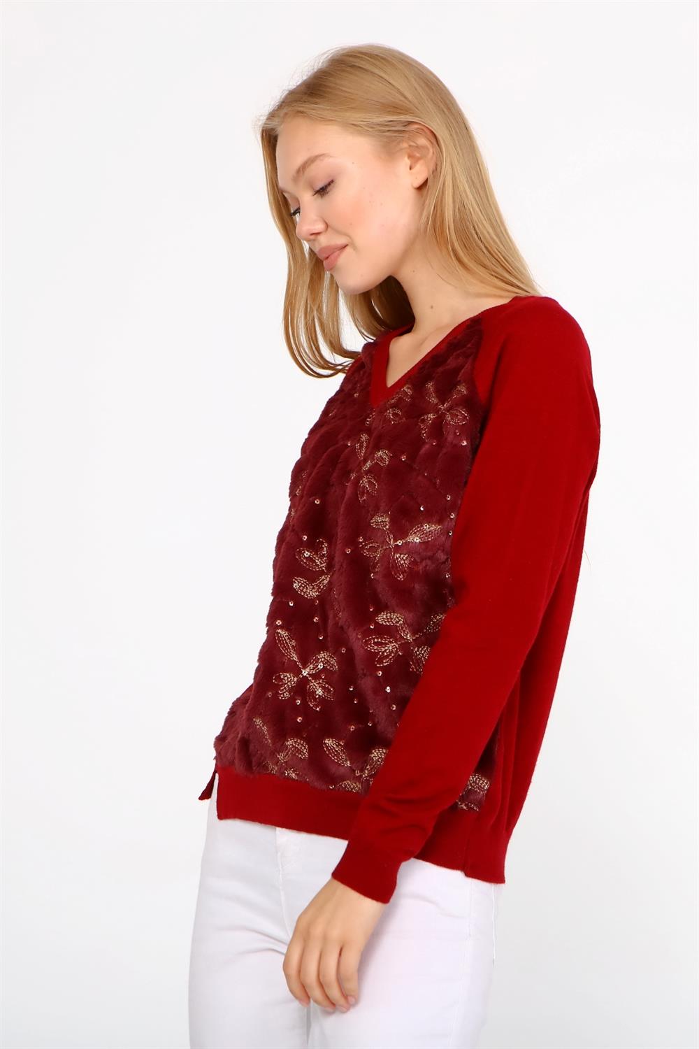 Kadın Peluş Nakışlı Triko Bordo