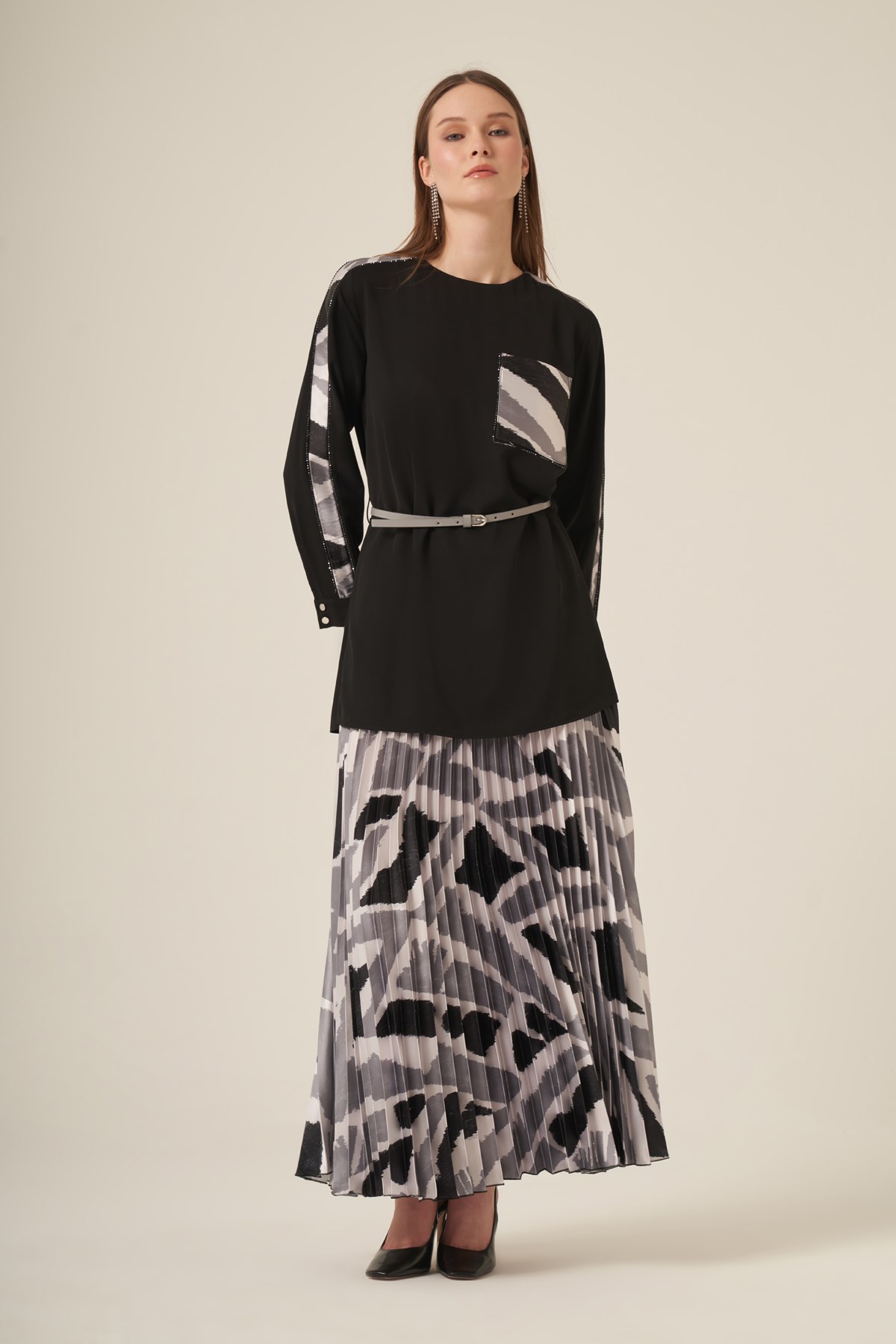 Kadın Plise Etekli Takım Siyah