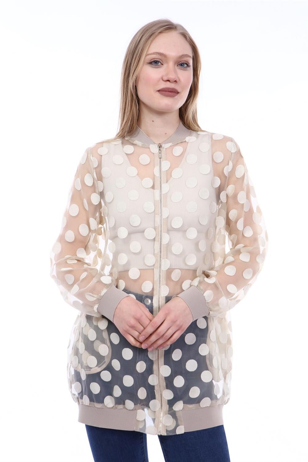 Kadın Puantiye Detaylı Organize Bluz Beige