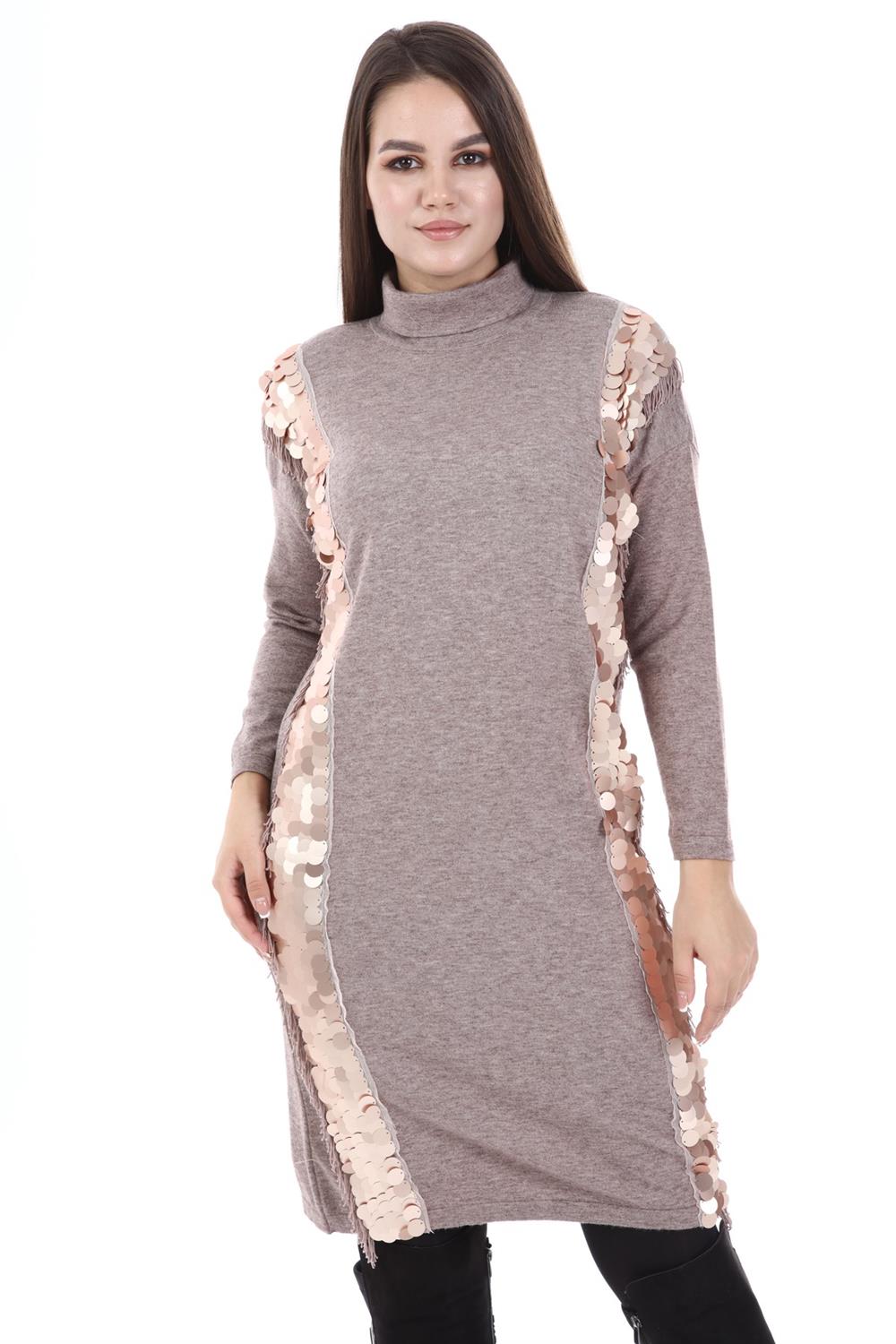 Kadın Pul Payet Detay Tunik Beige