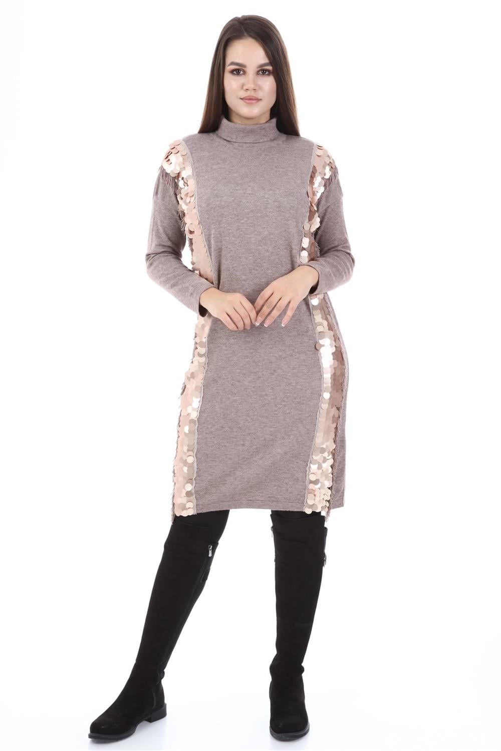 Kadın Pul Payet Detay Tunik Beige