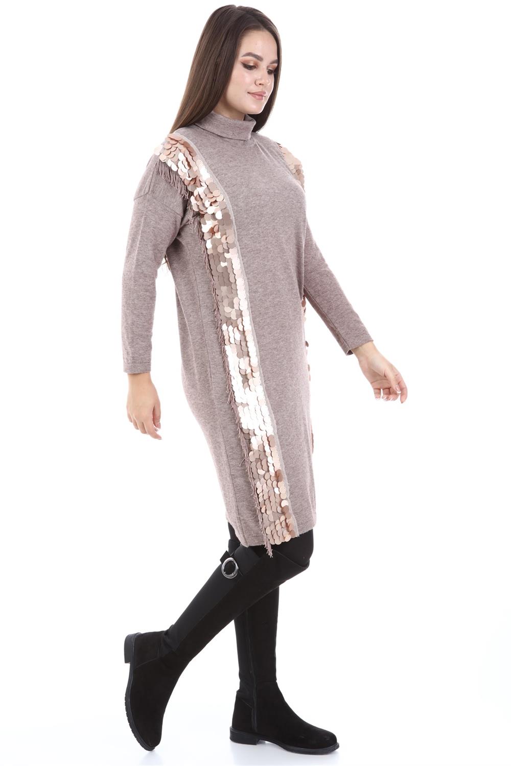 Kadın Pul Payet Detay Tunik Beige