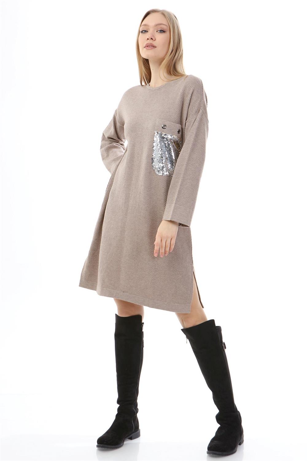 Kadın Pul Payet İşlemeli Tunik Beige