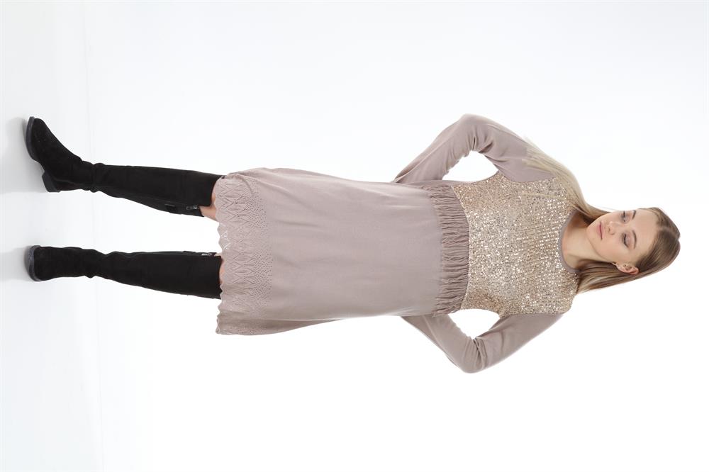 Kadın Pul Payet İşlemeli Tunik Beige