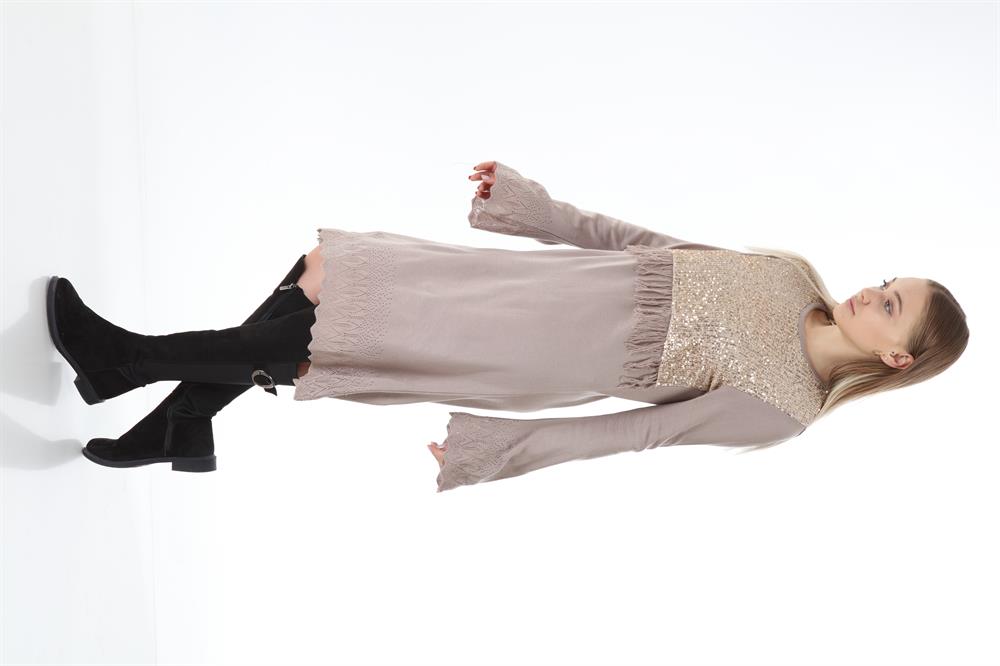 Kadın Pul Payet İşlemeli Tunik Beige