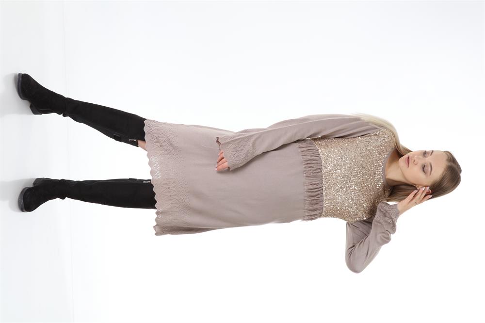 Kadın Pul Payet İşlemeli Tunik Beige