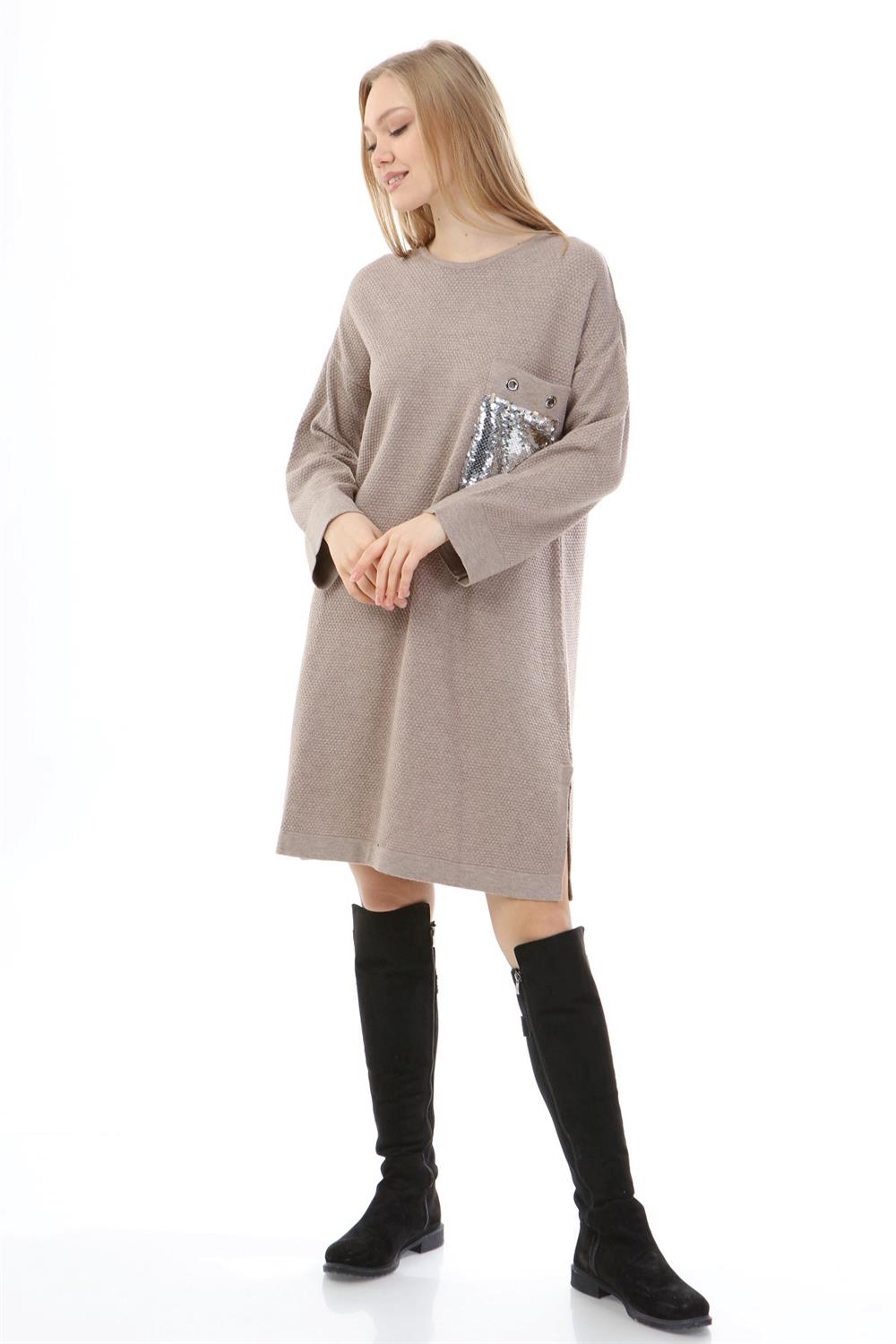 Kadın Pul Payet İşlemeli Tunik Beige