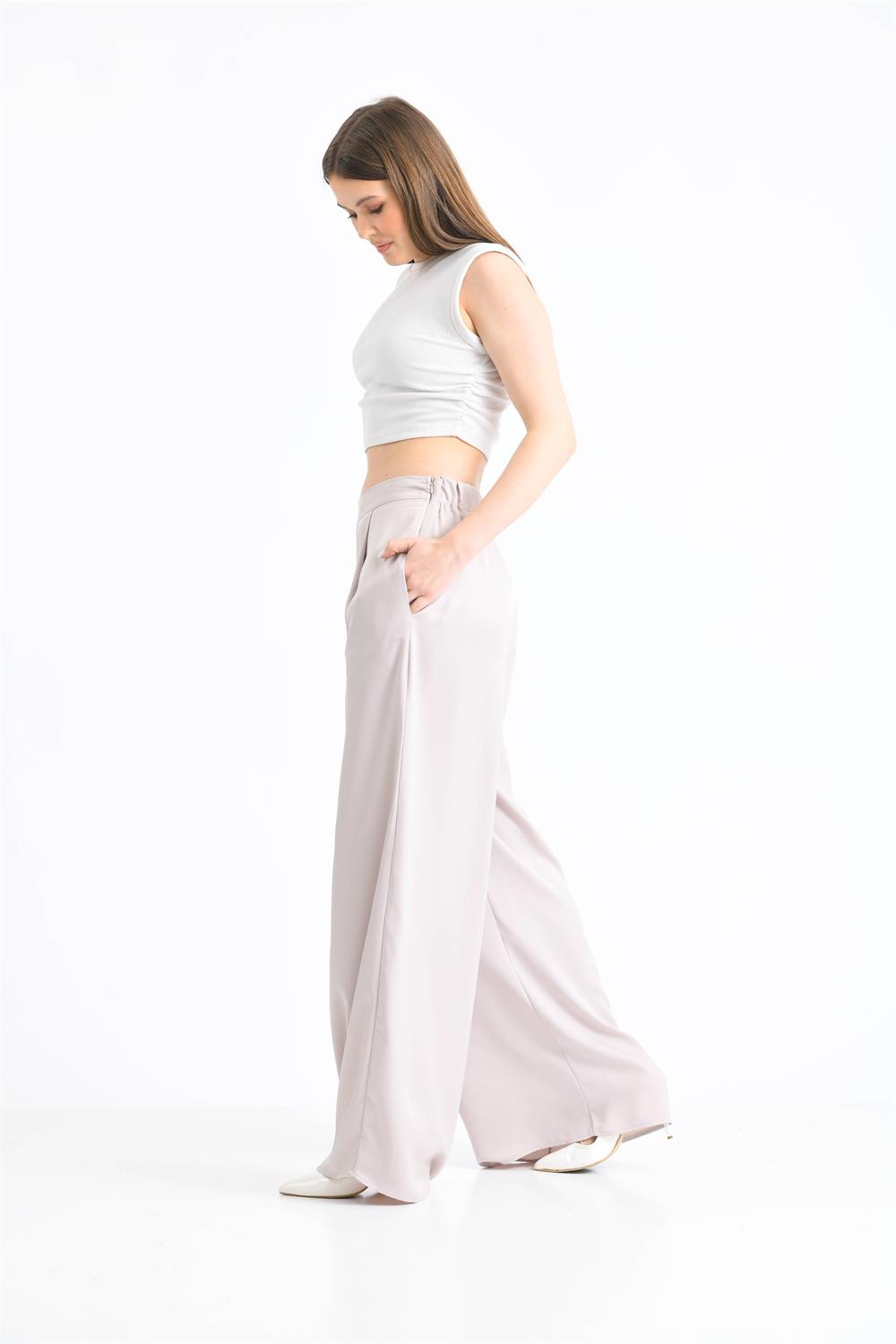 Kadın Saten Pantolon Beige