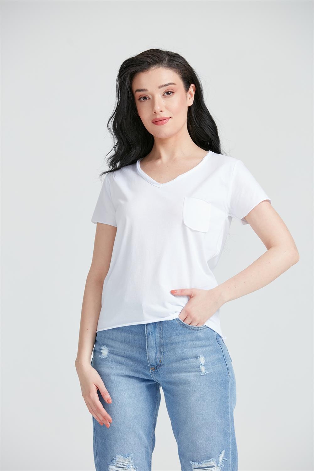 Kadın V Yaka Cepli Basic T-Shirt Beyaz