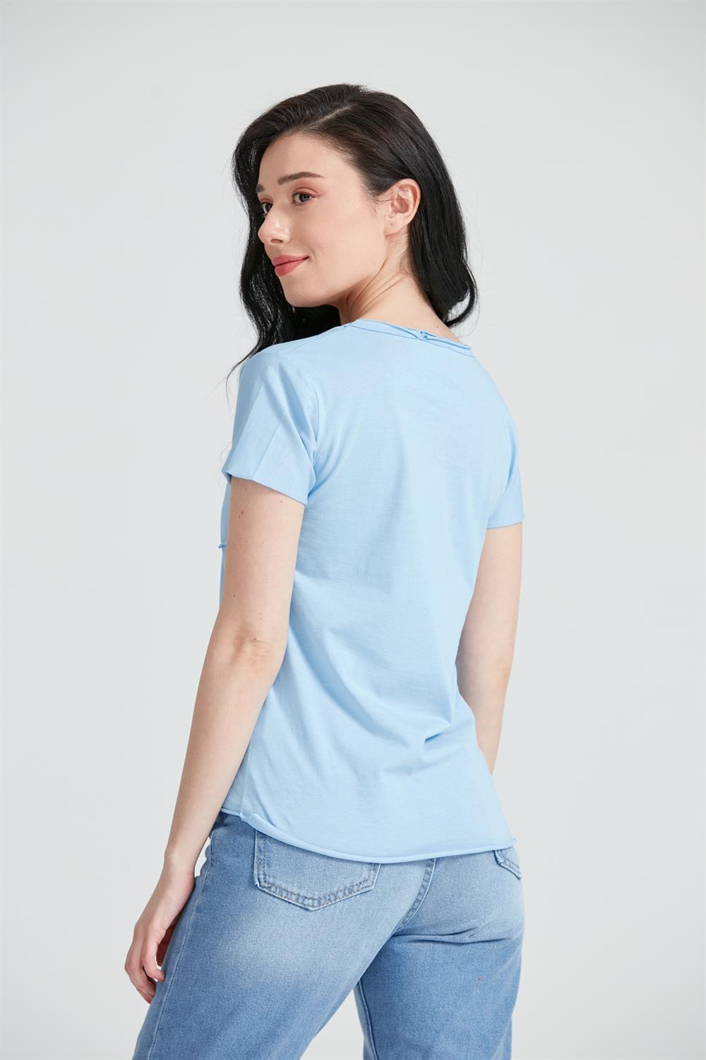 Kadın V Yaka Cepli Basic T-Shirt Mavi