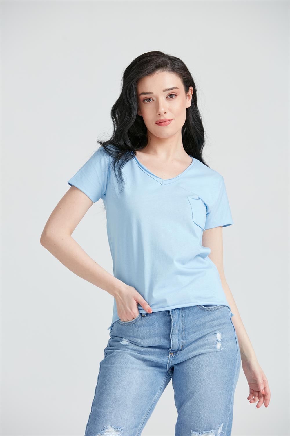 Kadın V Yaka Cepli Basic T-Shirt Mavi