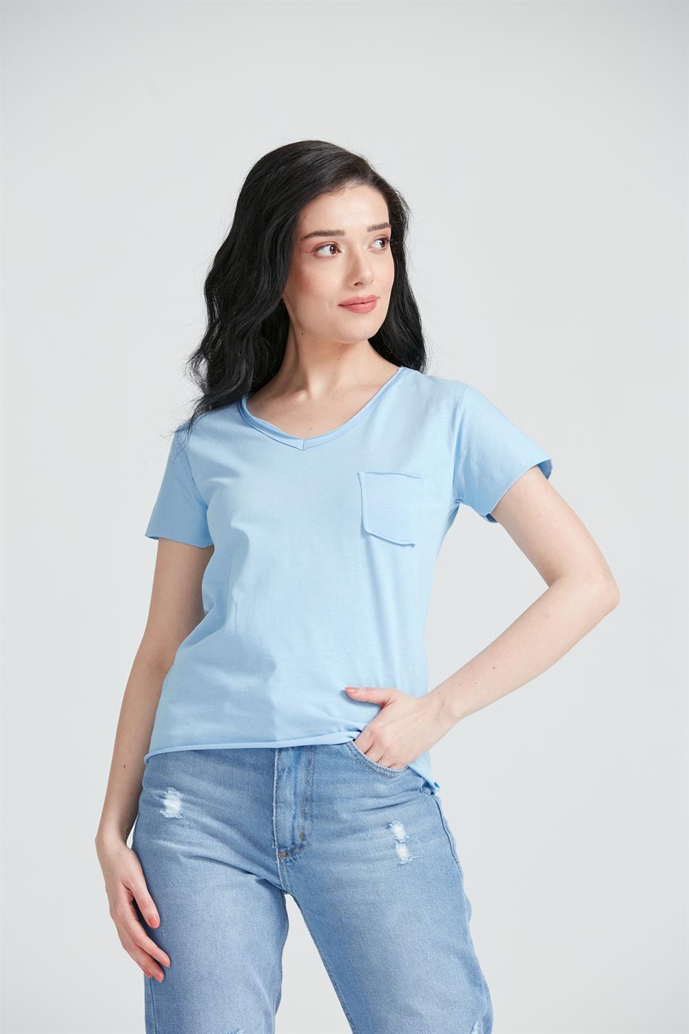 Kadın V Yaka Cepli Basic T-Shirt Mavi