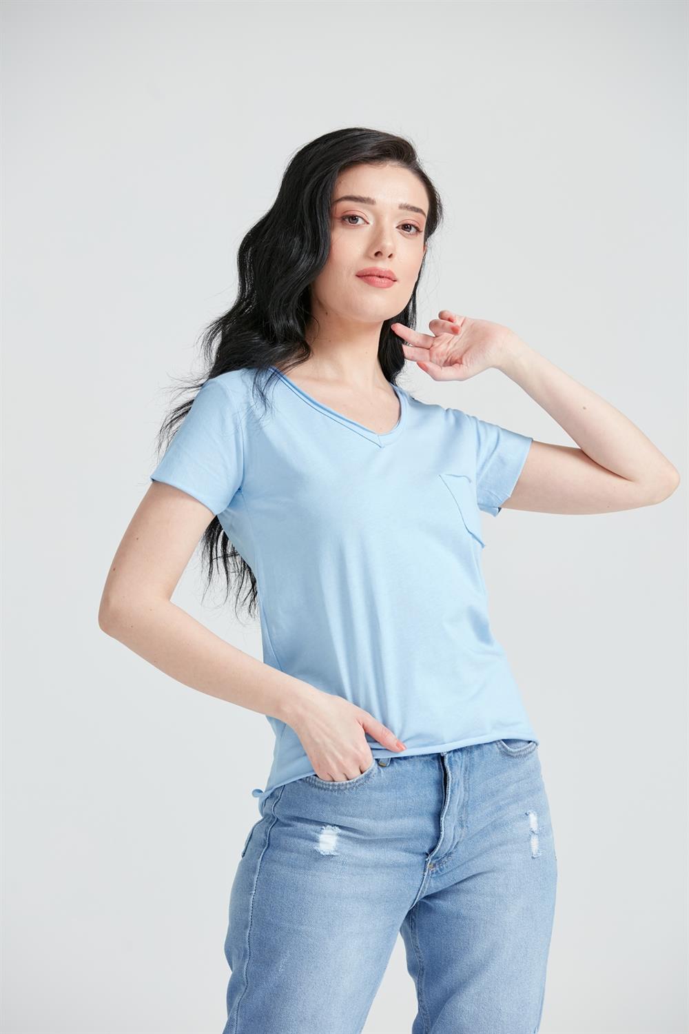 Kadın V Yaka Cepli Basic T-Shirt Mavi