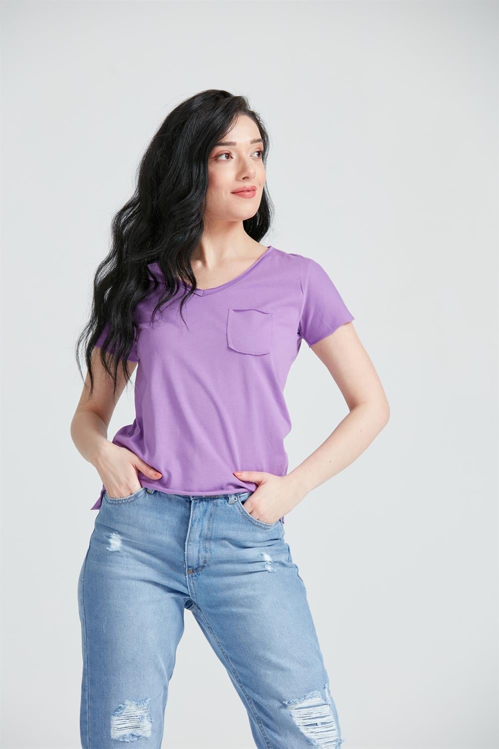 Kadın V Yaka Cepli Basic T-Shirt Mor