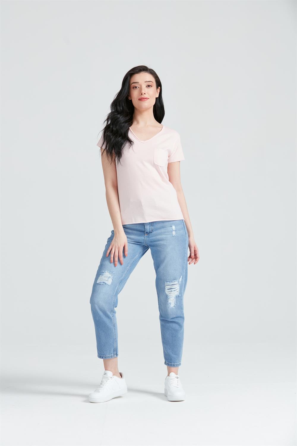 Kadın V Yaka Cepli Basic T-Shirt Pembe