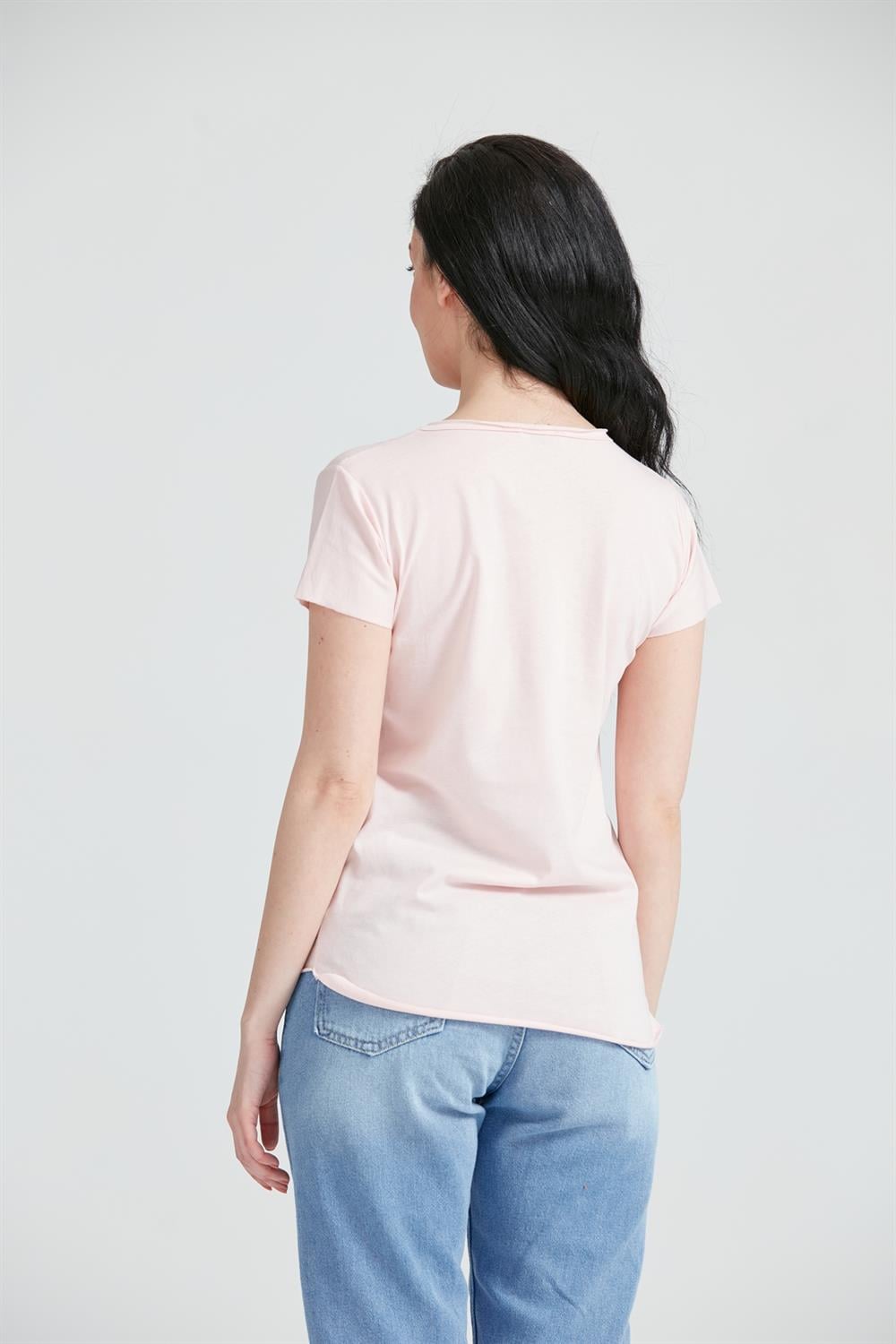 Kadın V Yaka Cepli Basic T-Shirt Pembe