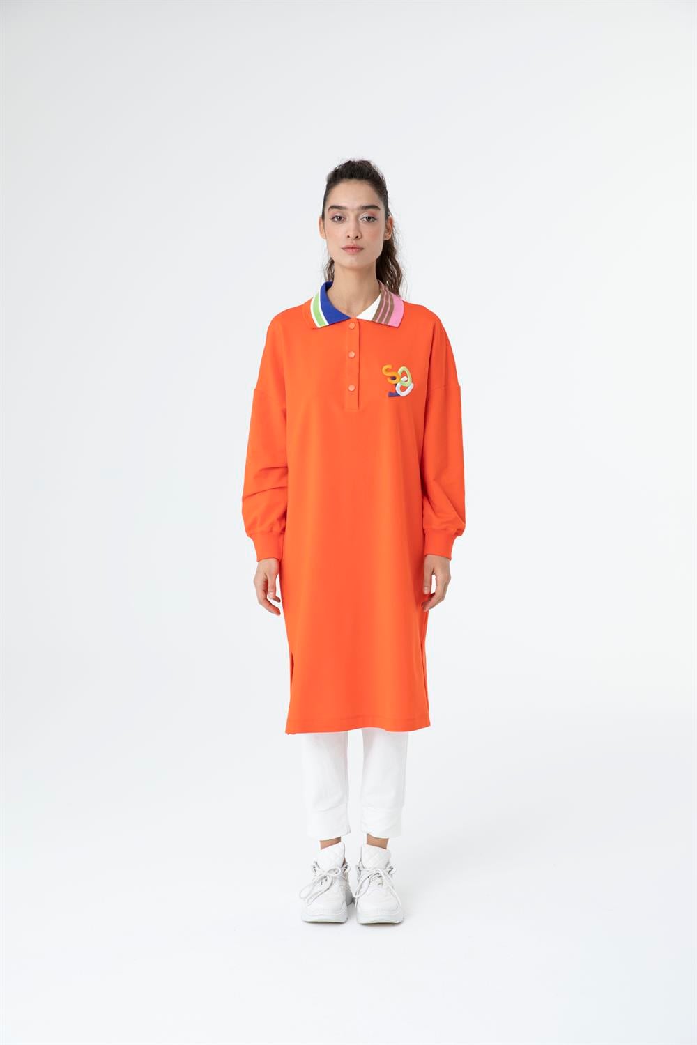 Kadın Yaka Renk Geçişli Uzun Sweat Tunik Açık Kırmızı