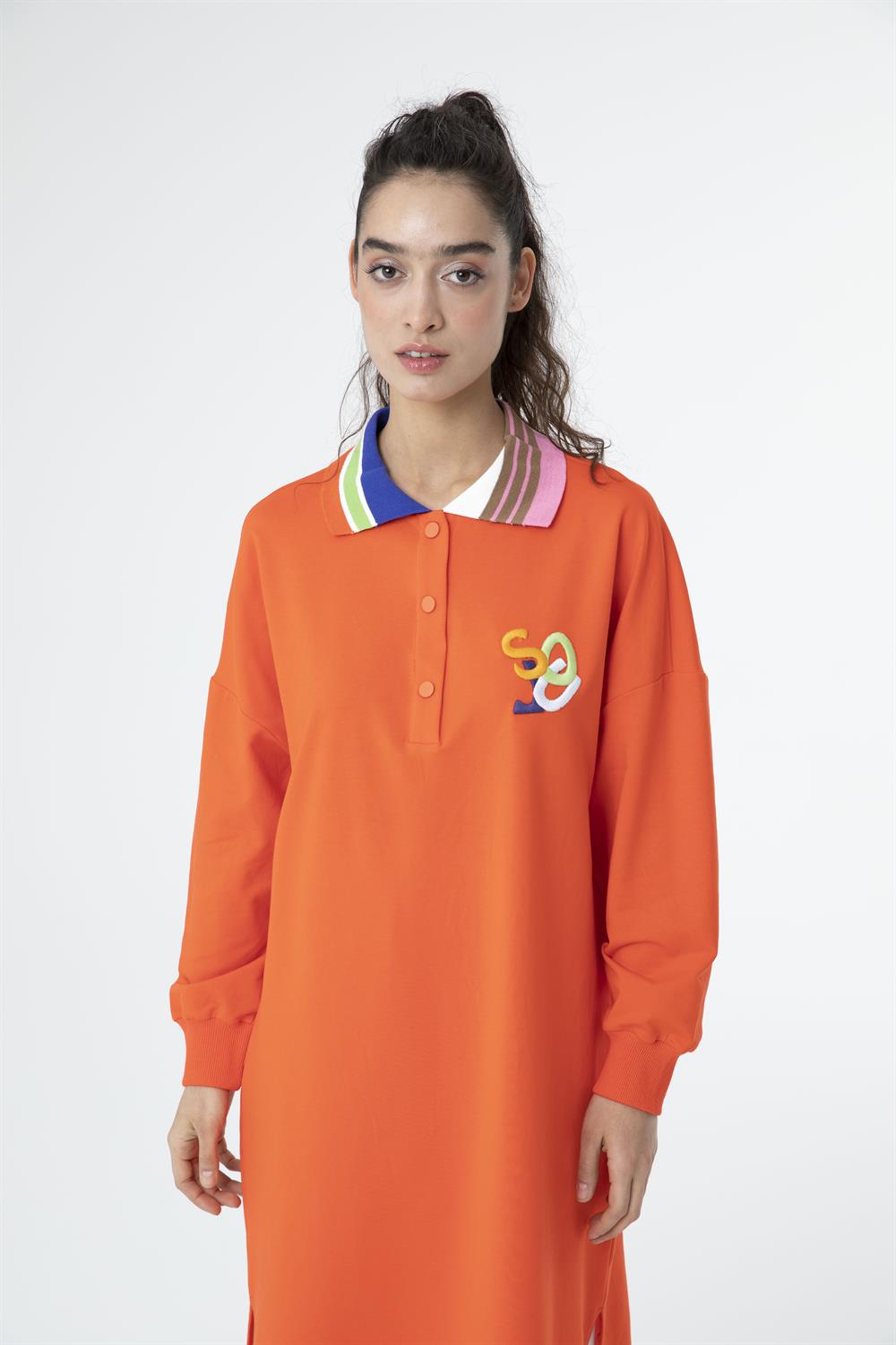 Kadın Yaka Renk Geçişli Uzun Sweat Tunik Açık Kırmızı