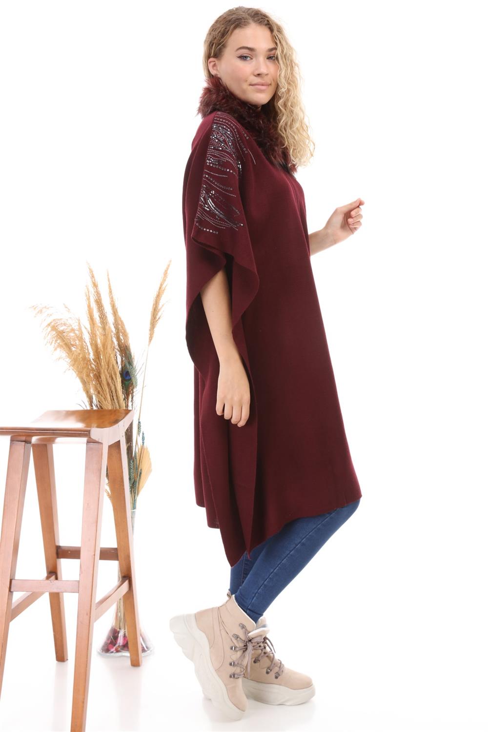 Kadın Yakası Kürk Detaylı Fermuarlı Panço Bordo