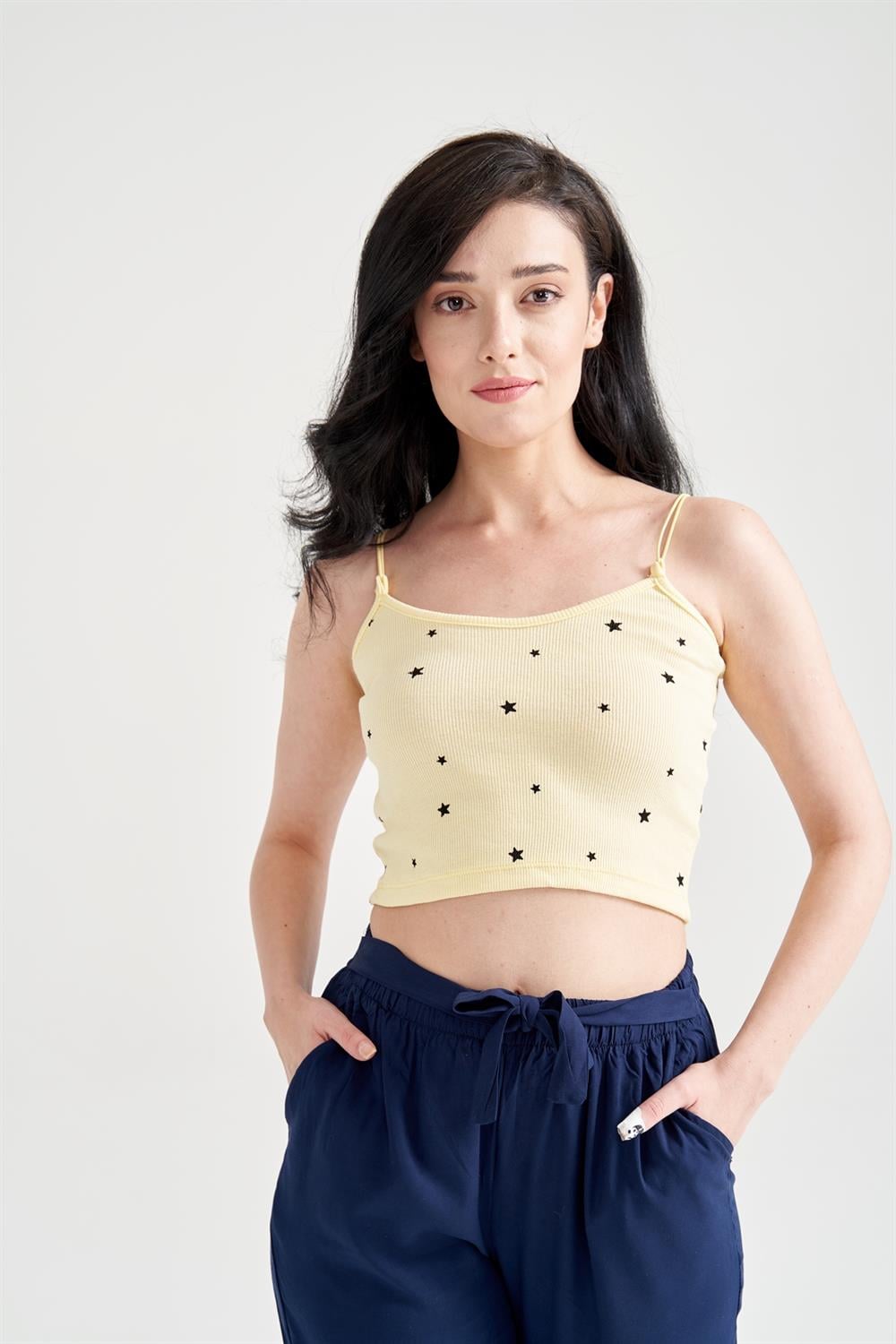 Kadın Yıldız Baskılı Crop Büstiyer Sarı