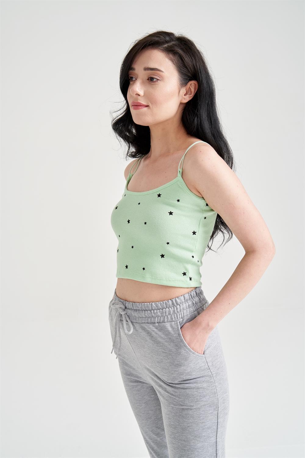 Kadın Yıldız Baskılı Crop Büstiyer Yeşil