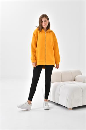 Ftz Women Kadın 3 İp Şardonlu Fermuarlı Sweatshırt Hardal