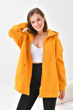 Ftz Women Kadın 3 İp Şardonlu Fermuarlı Sweatshırt Hardal