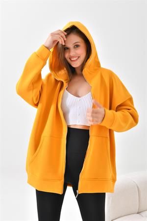 Ftz Women Kadın 3 İp Şardonlu Fermuarlı Sweatshırt Hardal