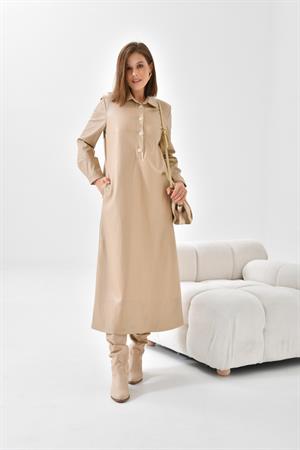 Ftz Women Kadın Deri Elbise Beige