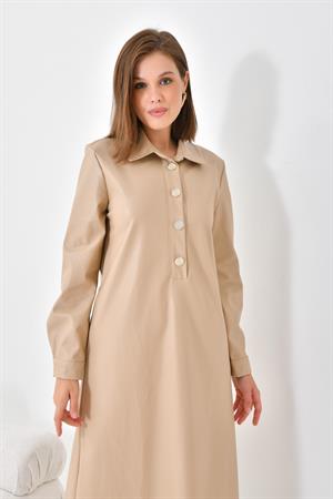 Ftz Women Kadın Deri Elbise Beige