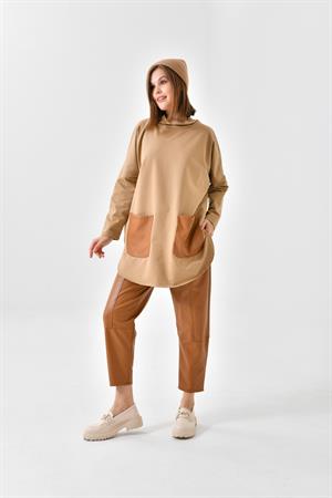 Ftz Women Kadın Deri Pantolonlu İki İp Takım Beige