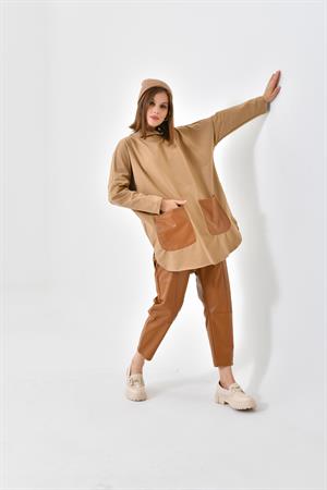 Ftz Women Kadın Deri Pantolonlu İki İp Takım Beige