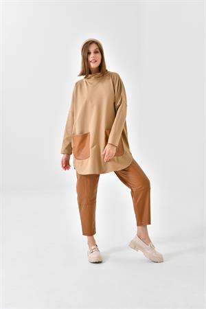 Ftz Women Kadın Deri Pantolonlu İki İp Takım Beige