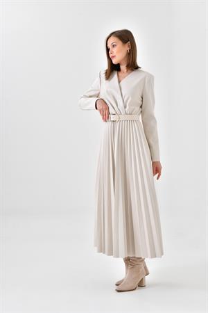 Ftz Women Kadın Deri Pliseli Elbise Beige