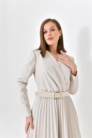 Ftz Women Kadın Deri Pliseli Elbise Beige