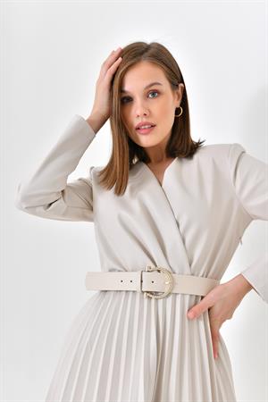 Ftz Women Kadın Deri Pliseli Elbise Beige