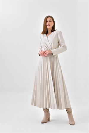 Ftz Women Kadın Deri Pliseli Elbise Beige
