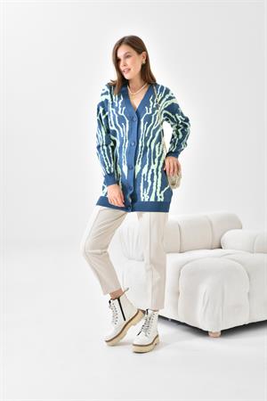 Ftz Women Kadın Zebra Desen Düğme Detaylı Hırka İndigo