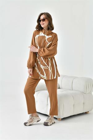 Garmi Kadın Fermuarlı Baskılı Takım Camel